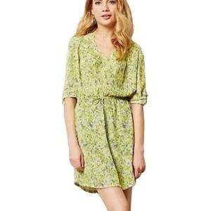 ANTHROPOLOGIE Maeve Yellow Floral Long Sleeve Drawstring Waist Mini Dress Medium